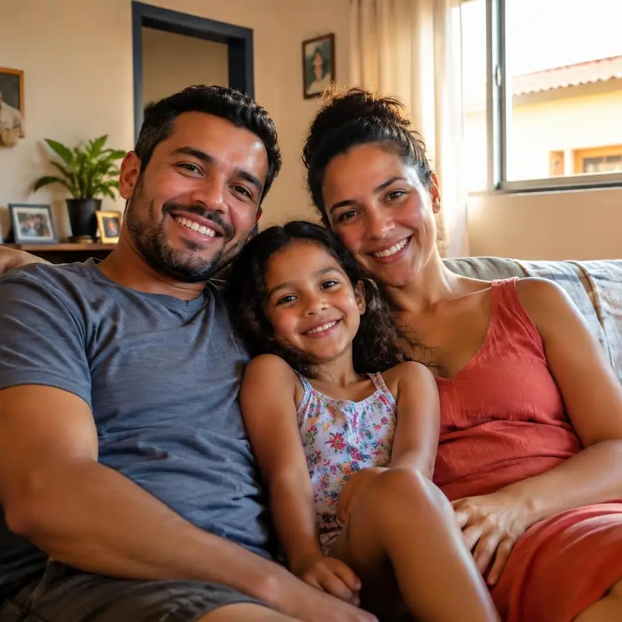 Família tranquila e sorridente em casa