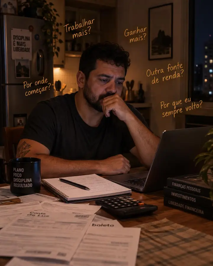 Homem refletindo sobre a situação financeira à mesa, com contas e notebook